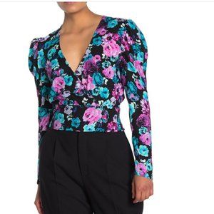 AFRM Wrap Front Long Sleeve Blouse in Black Floral